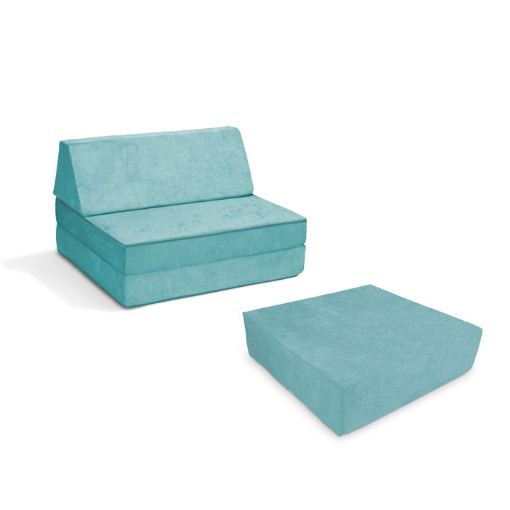 Go Coconut Half-Coconut Maxi Bundle compact modular play couch and Maxi Cocohop Bounce Pad in Sea Berry, a soft aqua Canadian-made kids' indoor foam play set with CertiPUR-certified foam