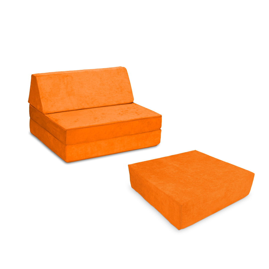 Go Coconut Half-Coconut Maxi Bundle modular kids' play couch and indoor bounce pad in Twisty Tangerine, a bright orange Canadian-made compact foam play set with CertiPUR-certified foam
