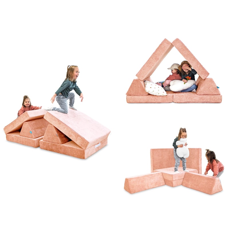 Go Coconut Half Coconut in Peach Party showing three modular build configurations for gross motor and sensory kids play