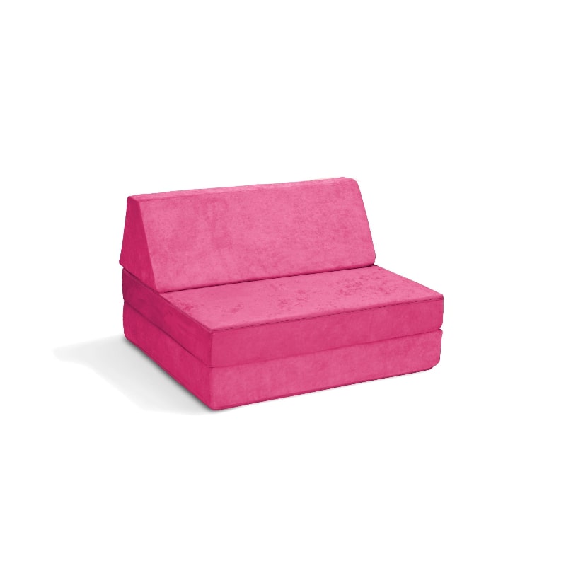 Go Coconut Half Coconut modular play couch in Pitaya Punch pink-red, landscape view of the compact 2-piece foam sensory furniture