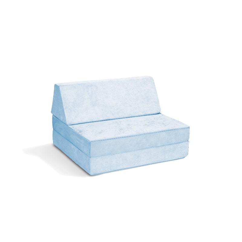 Go Coconut Half Coconut modular play couch in Polar Plush blue, landscape view showing the 2-piece base and beam configuration