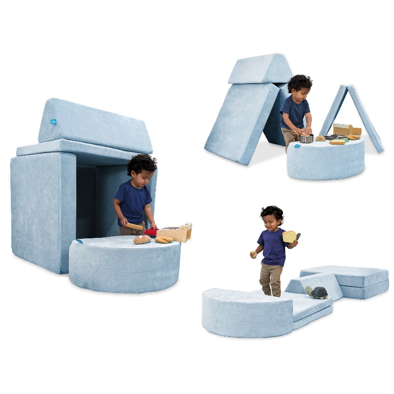 Go Coconut Half Coconut in Polar Plush showing three modular build configurations for sensory and imaginative kids play