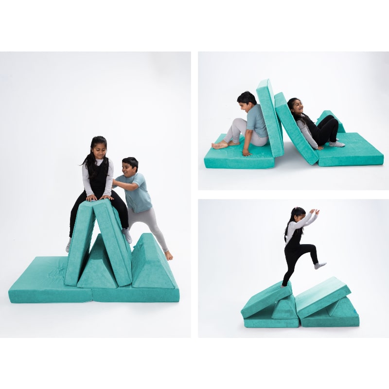 Go Coconut Half Coconut in Tropical Teal showing three modular build options for sensory, vestibular and imaginative play