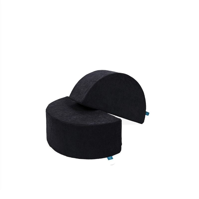 Go Coconut Half-Moon 2 Pack in Blackberry Shadow showing the two curved foam arch pieces with Durable Micro Velveteen covers and lifetime warranty, made in Canada