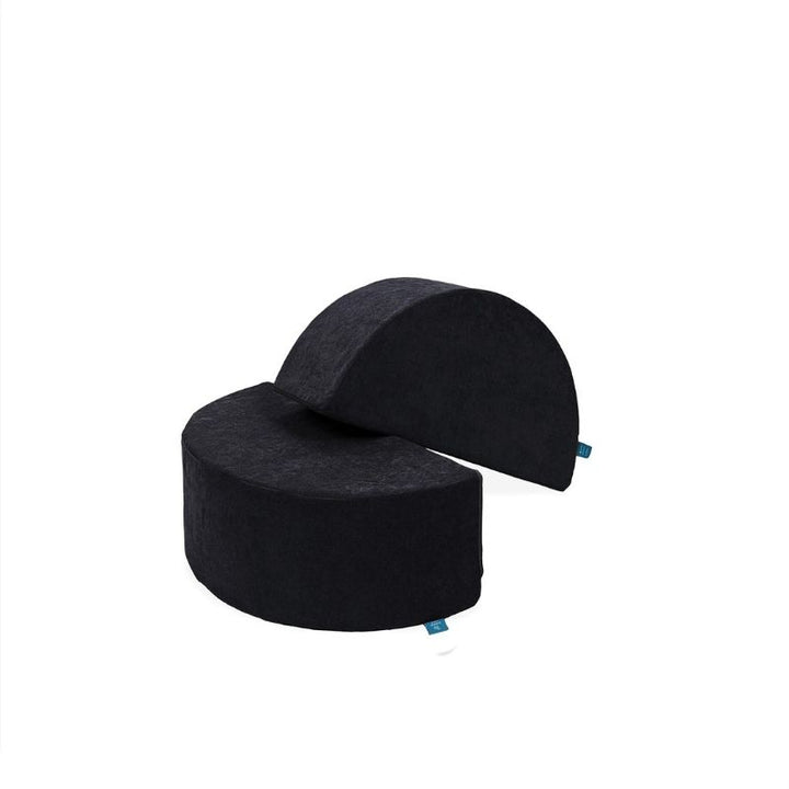 Go Coconut Half-Moon 2 Pack in Blackberry Shadow showing the two curved foam arch pieces with Durable Micro Velveteen covers and lifetime warranty, made in Canada