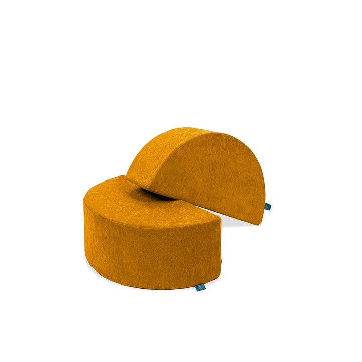 Go Coconut Half-Moon 2 Pack in Bumble Bloom showing both curved foam arch modules for four-use rocking, balancing, climbing, and building play, 100% made in Canada