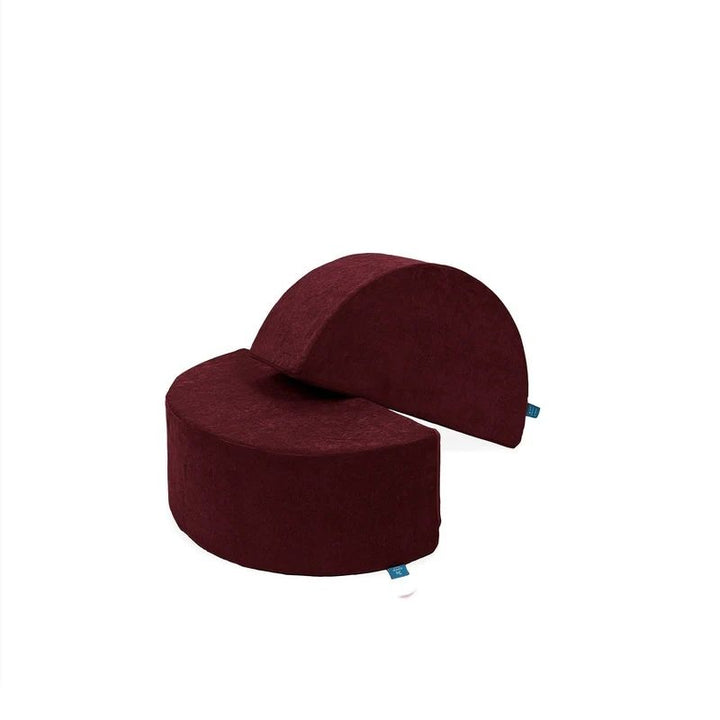 Go Coconut Half-Moon 2 Pack in Cranberry Rain showing the 2-piece foam arch rocker set (30x15x10in each) made in Canada with CertiPUR foam and lifetime warranty