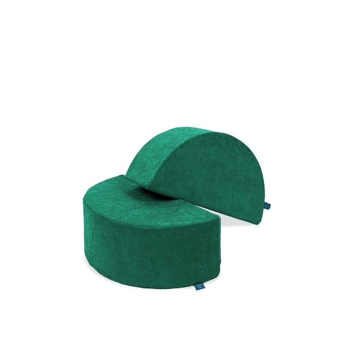 Go Coconut Half-Moon 2 Pack in Forest Fern showing both curved foam arch modules (30x15x10in) for rocking, mountain climbing, coffee table, and roof configurations