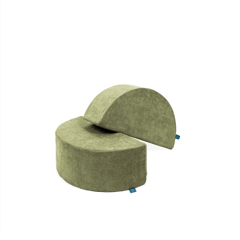 Go Coconut Half-Moon 2 Pack in Kiwi Swing showing the two CertiPUR foam curved arch pieces with machine-washable covers for vestibular rocking and balance play