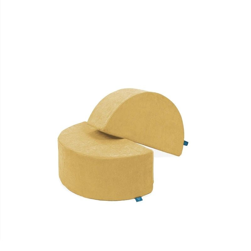 Go Coconut Half-Moon 2 Pack in Mango Blast showing the 2-piece curved foam arch set made in Canada with CertiPUR-US certified foam and Durable Micro Velveteen covers
