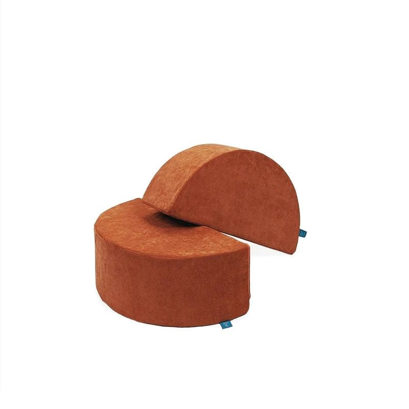 Go Coconut Half-Moon 2 Pack in Papaya Splash showing the two CertiPUR-US certified curved foam arch pieces used as rockers, mountain platforms, or playhouse roof arches