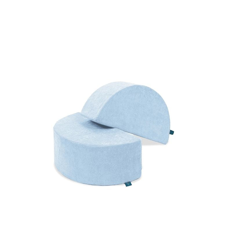 Go Coconut Half-Moon 2 Pack in Polar Plush showing both curved foam arch modules (30x15x10in each) that function as rockers, balance platforms, coffee tables, or paired playhouse roof arches, 100% made in Canada