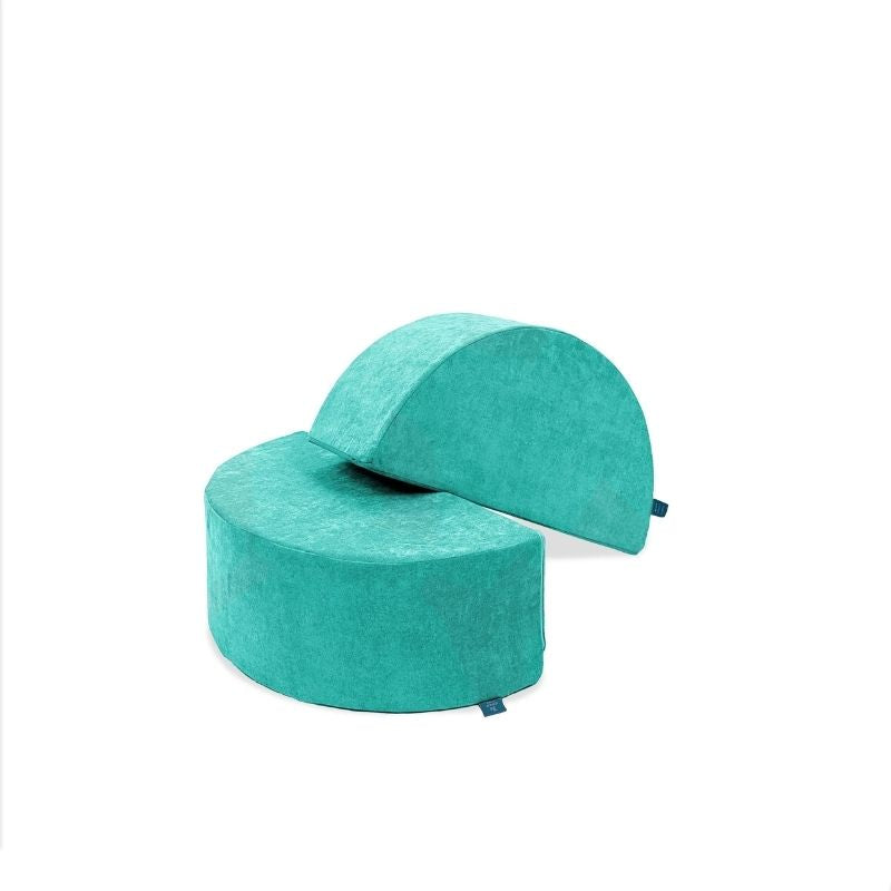 Go Coconut Half-Moon 2 Pack in Tropical Teal showing the paired curved foam arch modules made in Canada with machine-washable covers for rocking and climbing play