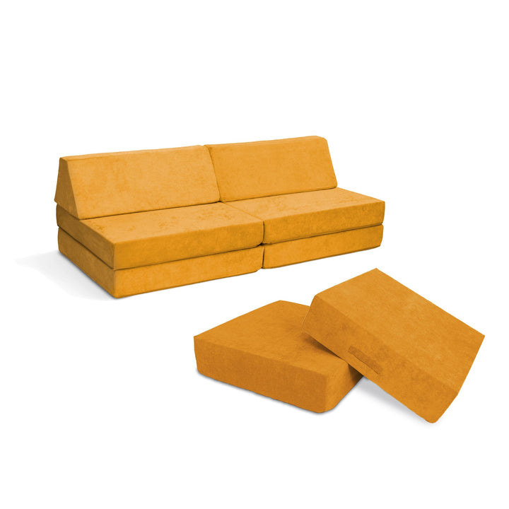Go Coconut Maxi Bundle in Bumble Bloom colour, a 14-piece modular kids' foam play couch and indoor Cocohop Bounce Pad set
