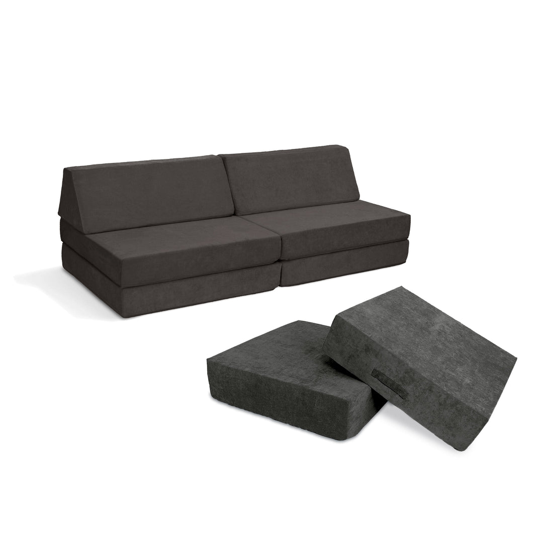 Go Coconut Maxi Bundle in Charcoal Chill showing modular play couch and Cocohop Bounce Pad for indoor gross motor play