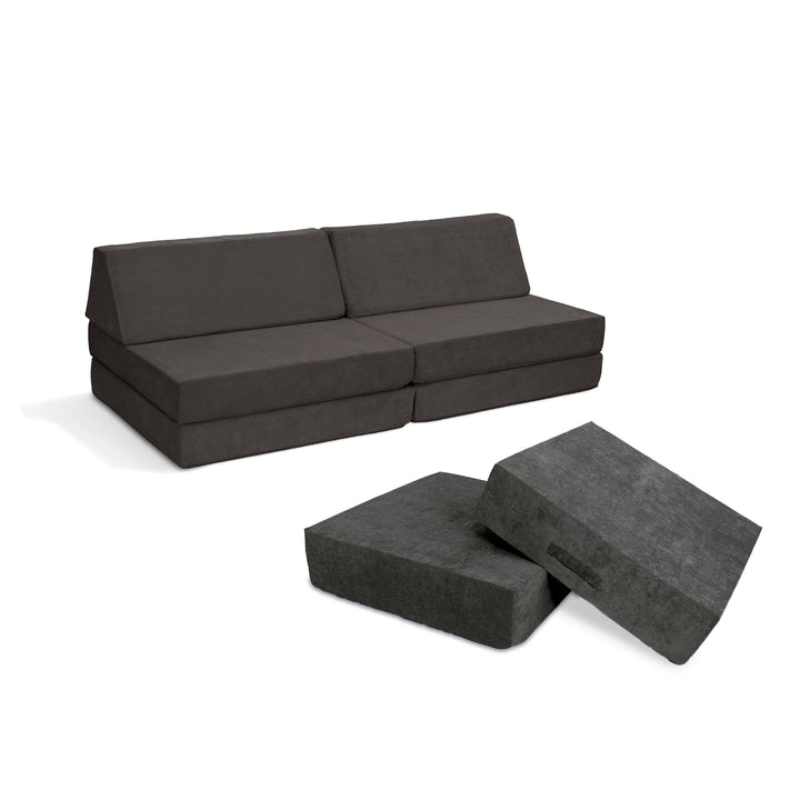 Go Coconut Maxi Bundle in Charcoal Chill showing modular play couch and Cocohop Bounce Pad for indoor gross motor play