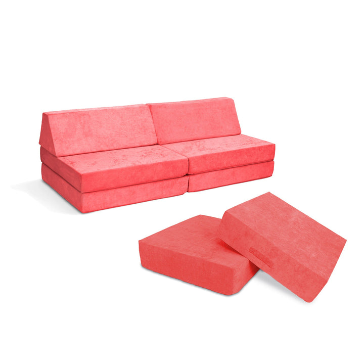 Go Coconut Coconut Maxi Bundle in Coral Crush showing the modular play couch and Cocohop Bounce Pad for indoor active play