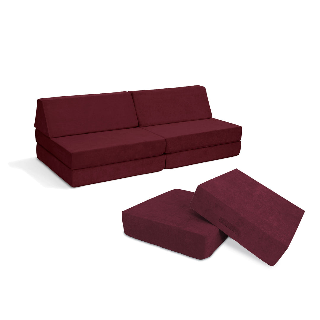 Go Coconut Coconut Maxi Bundle in Cranberry Rain, a 14-piece kids' modular play couch and indoor bounce pad made in Canada