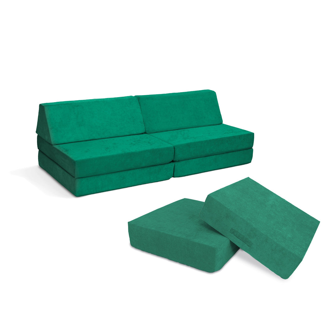 Go Coconut Coconut Maxi Bundle in Forest Fern showing the full Canadian-made modular foam play couch and bounce pad bundle