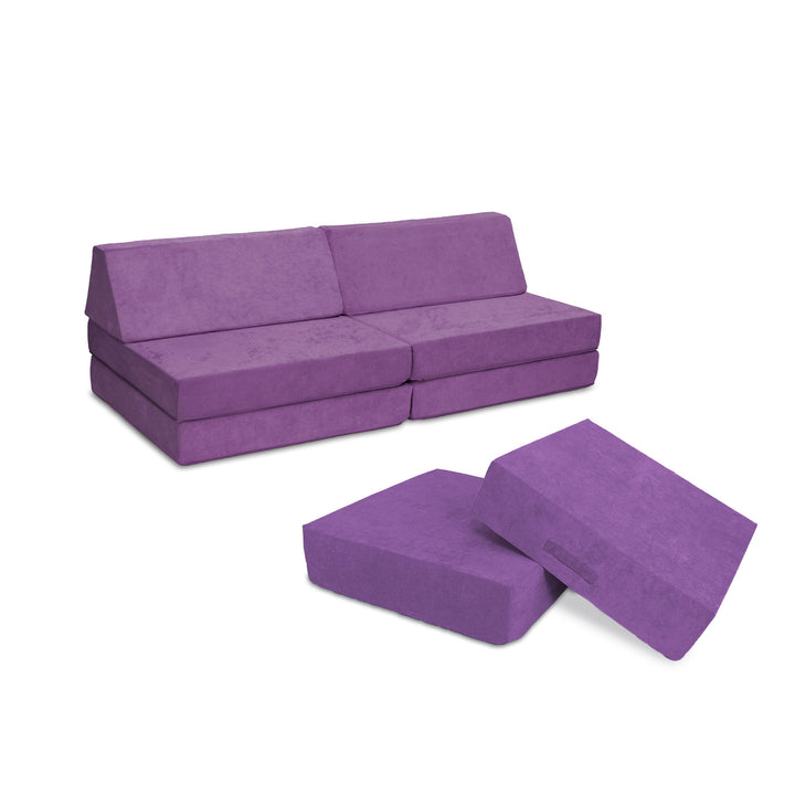 Go Coconut Maxi Bundle in Groovy Grape showing the full modular kids' foam play couch and indoor bounce pad set