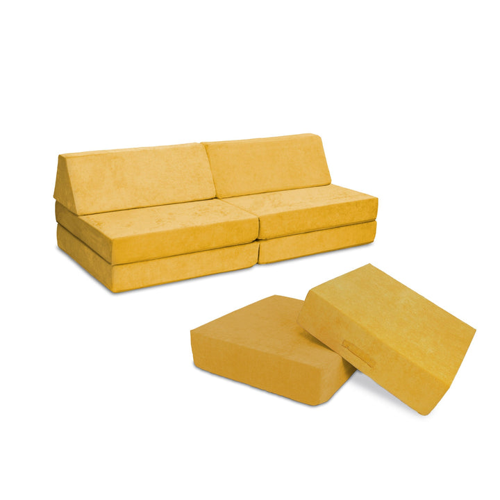 Go Coconut Coconut Maxi Bundle in Honey Hop showing the Canadian-made kids' modular play couch and indoor bounce pad