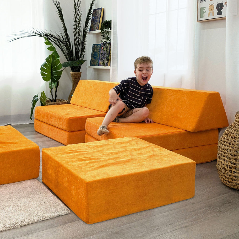 Go Coconut Maxi Bundle modular play couch and indoor bounce pad setup showing full bundle in creative indoor play configuration