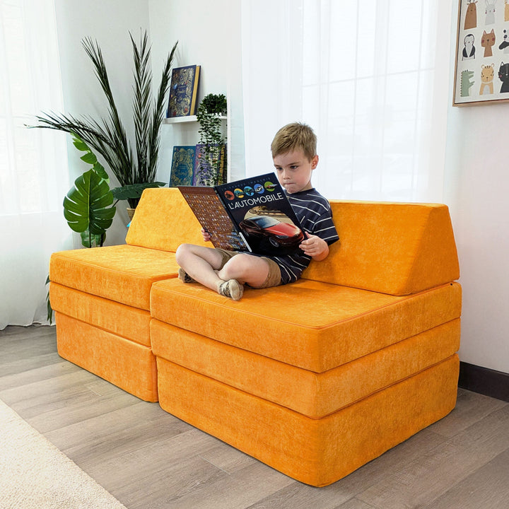 Go Coconut Coconut Maxi Bundle in lifestyle setting showing modular play couch and Cocohop Bounce Pad configured for active indoor kids' play