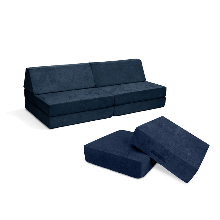 Go Coconut Coconut Maxi Bundle in Midnight Tide, a 14-piece kids' modular play couch and indoor bounce pad set made in Canada