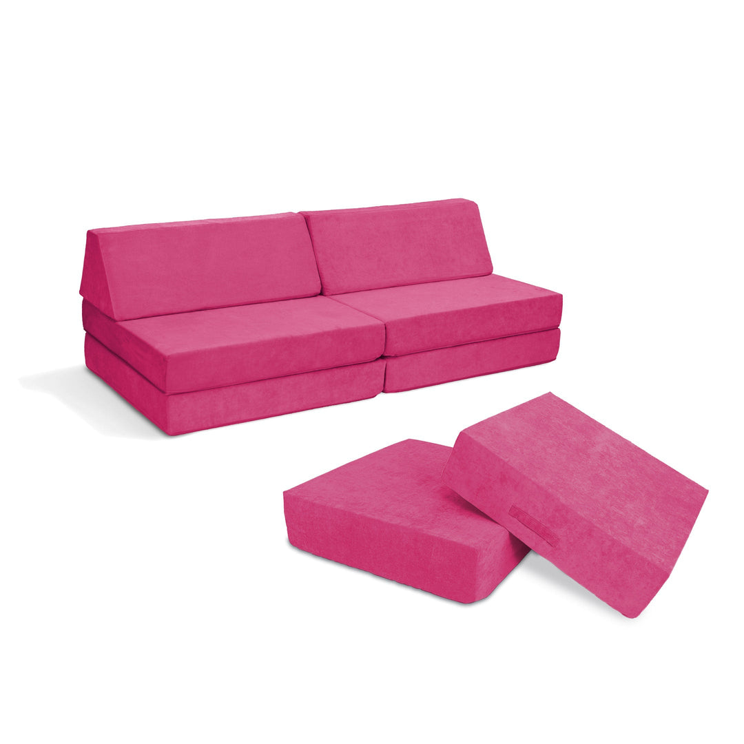 Go Coconut Maxi Bundle in Pitaya Punch showing the modular foam kids' play couch and Cocohop Bounce Pad for indoor play
