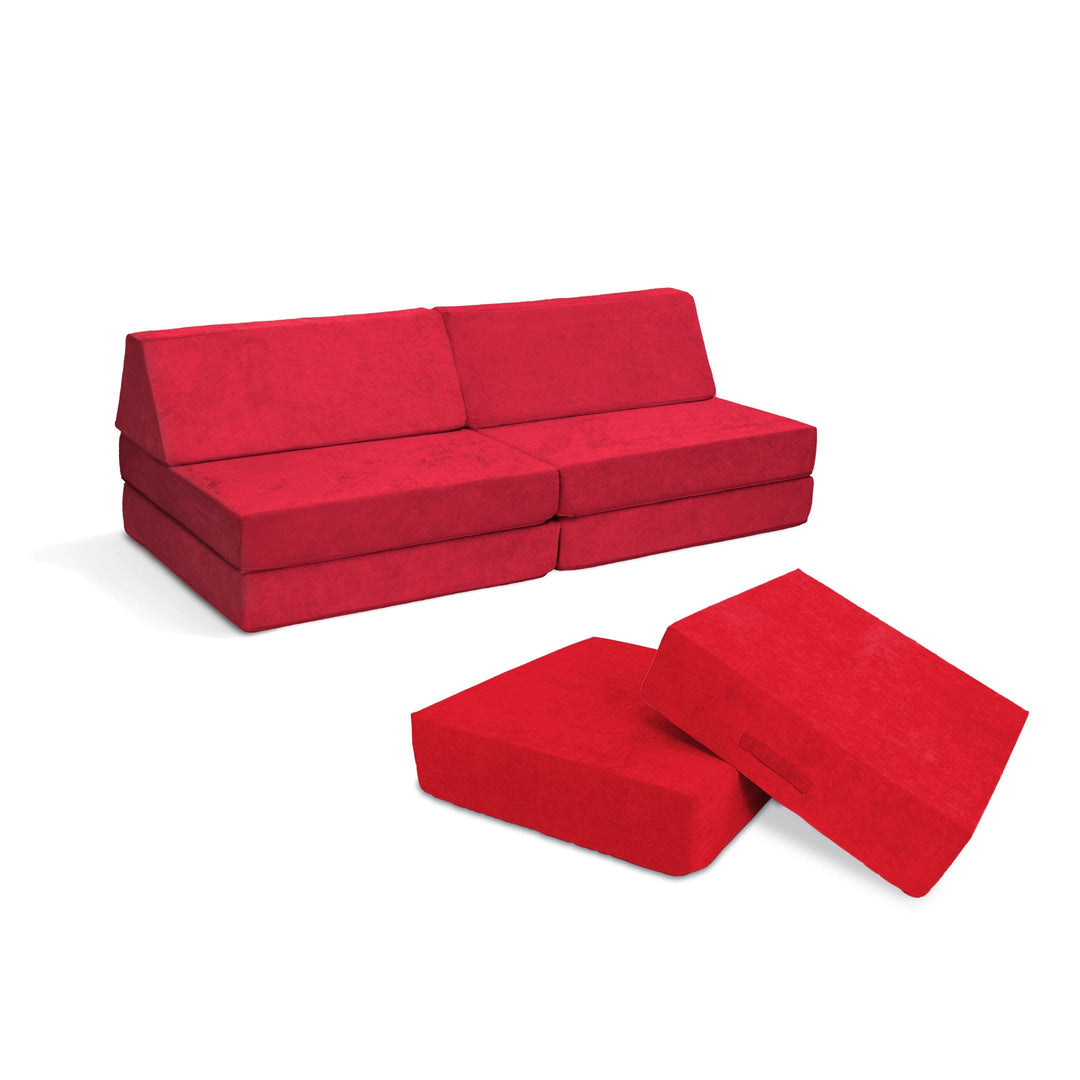 Go Coconut Maxi Bundle in Poppy Pop, a bold colourway of the Canadian-made 14-piece kids' modular play couch and bounce pad