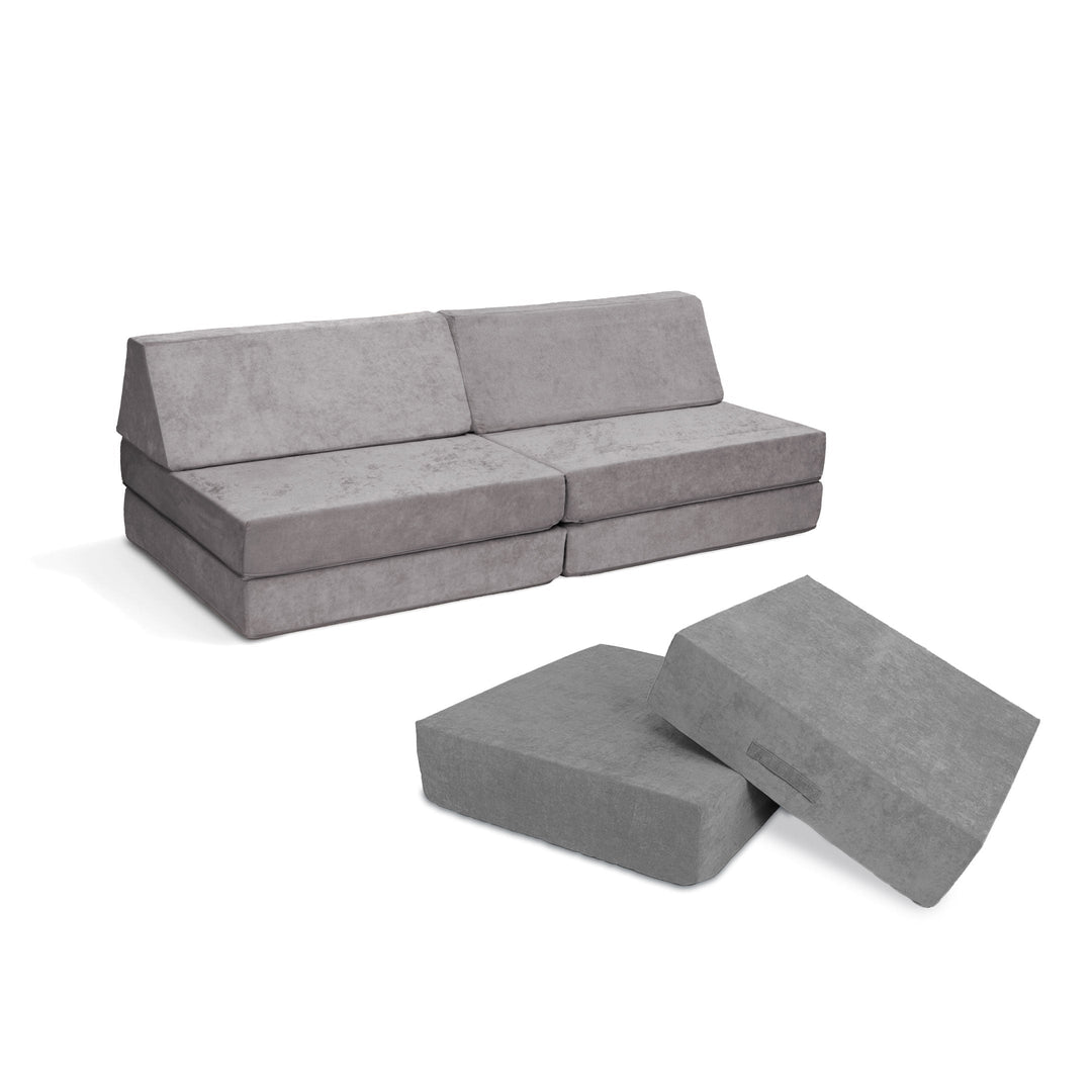 Go Coconut Maxi Bundle in Rhino Tango showing the Canadian-made modular kids' play couch and Cocohop Bounce Pad configuration
