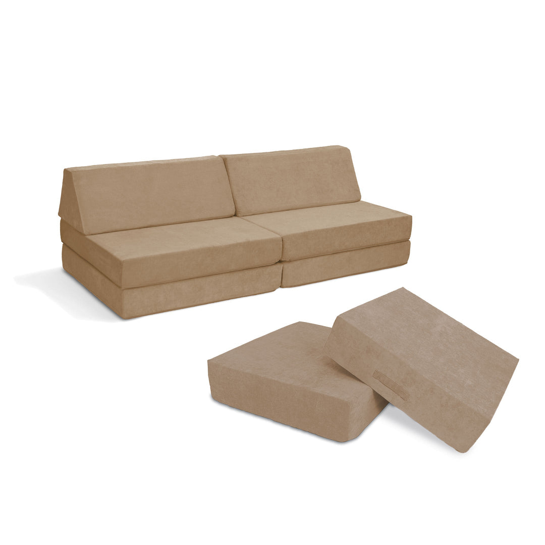 Go Coconut Coconut Maxi Bundle in Sand Dune, a warm neutral colourway of the 14-piece Canadian-made modular play couch bundle
