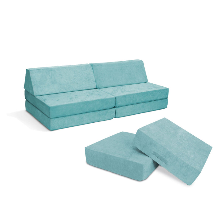 Go Coconut Maxi Bundle in Sea Berry colour showing the full modular foam kids' play couch and bounce pad indoor play setup