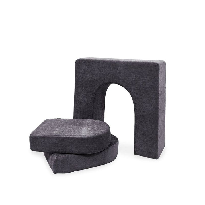 Go Coconut Wall 10" & Doors Set in Charcoal Chill showing the freestanding 10-inch foam wall with crawl-through opening and two 5-inch doors for fort wall, tunnel arch, and seat configurations