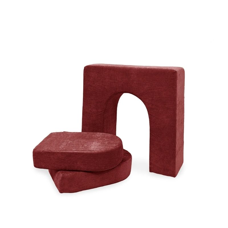 Go Coconut Wall 10" & Doors Set in Cherry Swirl showing the thick freestanding 10-inch foam play couch wall with crawl-through opening and two 5-inch doors for tunnel arch and fort wall configurations