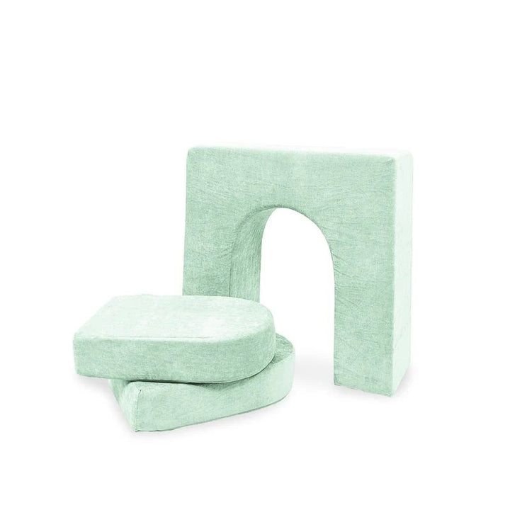 Go Coconut Wall 10" & Doors Set in Cool Cucumber showing the 10-inch thick foam wall that stands independently with machine-washable Durable Micro Velveteen cover and two 5-inch door inserts