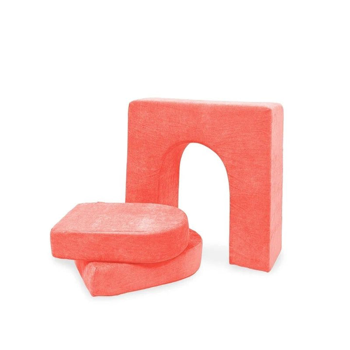 Go Coconut Wall 10" & Doors Set in Coral Crush showing the 10-inch freestanding CertiPUR foam wall with crawl-through opening and two matching doors for fort wall, tunnel, and seat configurations