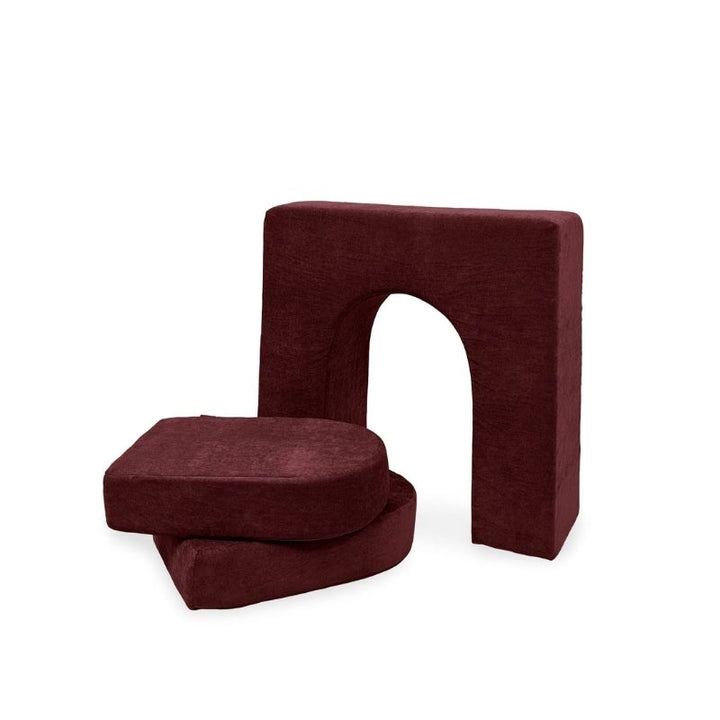 Go Coconut Wall 10" & Doors Set in Cranberry Rain showing the standalone 10-inch foam wall with crawl-through hole and two doors, the sturdy freestanding play couch wall add-on made in Canada