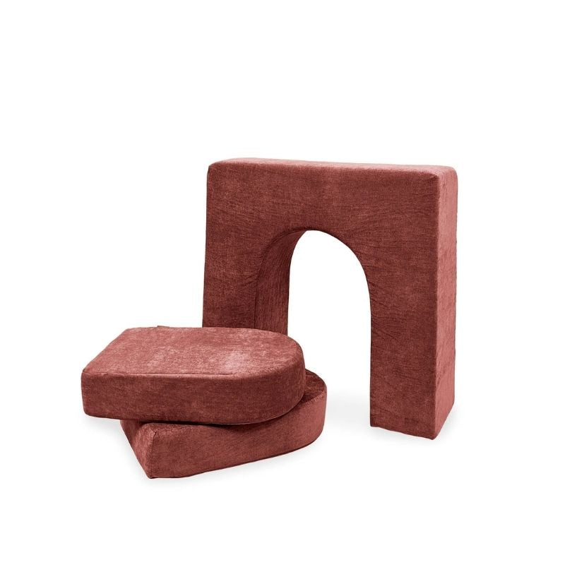 Go Coconut Wall 10" & Doors Set in Fig showing the thick freestanding 10-inch play couch wall with crawl-through hole and two doors, compatible with all Go Coconut modules, made in Canada