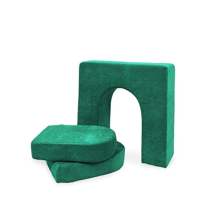 Go Coconut Wall 10" & Doors Set in Forest Fern showing the thick freestanding 10-inch foam play couch wall with crawl-through hole and two doors, made in Canada with lifetime warranty