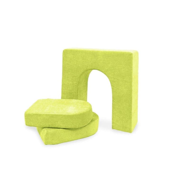 Go Coconut Wall 10" & Doors Set in Lima Limon showing the freestanding 10-inch play couch wall with crawl-through hole and two doors compatible with all Go Coconut modules, 100% made in Canada