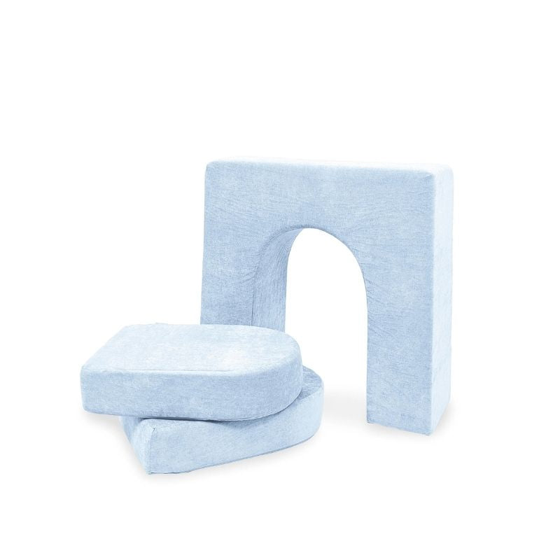 Go Coconut Wall 10" & Doors Set in Polar Plush showing the freestanding 10-inch thick foam wall with crawl-through hole and two matching 5-inch doors, the standalone play couch wall add-on made 100% in Canada