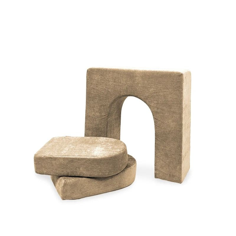 Go Coconut Wall 10" & Doors Set in Sand Dune showing the CertiPUR-US certified 10-inch freestanding foam wall with crawl-through hole and two doors for fort building and enclosed play space configurations
