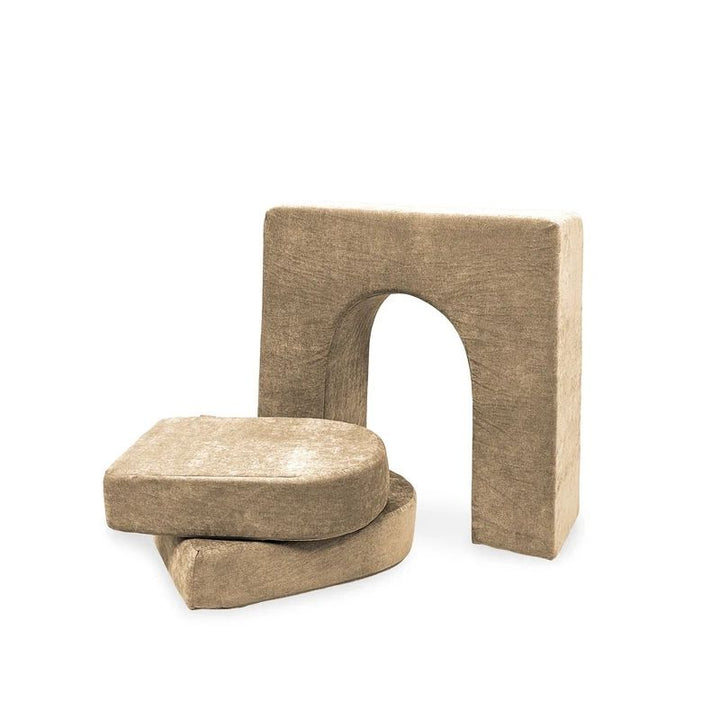 Go Coconut Wall 10" & Doors Set in Sand Dune showing the CertiPUR-US certified 10-inch freestanding foam wall with crawl-through hole and two doors for fort building and enclosed play space configurations