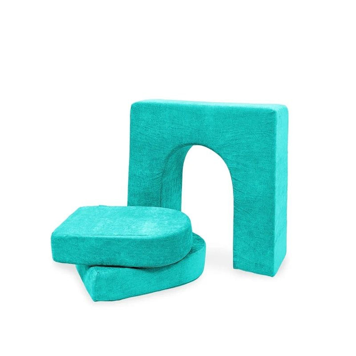 Go Coconut Wall 10" & Doors Set in Tropical Teal showing the standalone 10-inch thick foam play couch wall with crawl-through opening and two matching doors, compatible with all Go Coconut modules