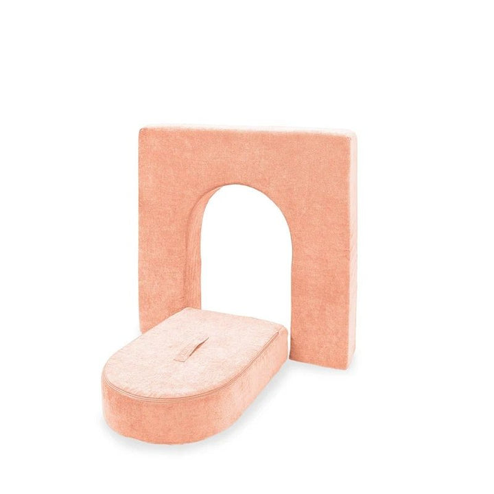 Go Coconut Wall 5" & Door Set in Peach Party showing the 5-inch foam wall and door set (30x30x15in overall) available as 1 set (2 pieces) or 2 sets (4 pieces), made in Canada with CertiPUR foam