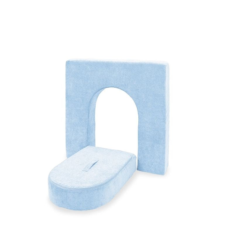 Go Coconut Wall 5" & Door Set in Polar Plush showing the 5-inch lightweight foam wall and matching door with handle, designed for little hands, the compact play couch wall add-on made 100% in Canada