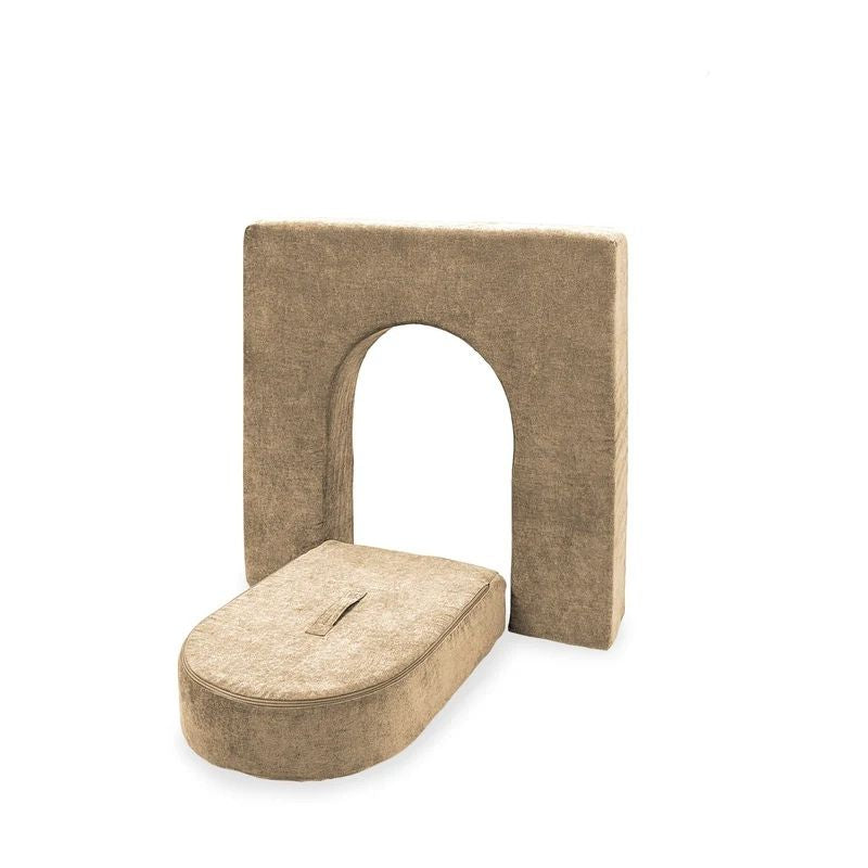 Go Coconut Wall 5" & Door Set in Sand Dune showing the compact lightweight foam wall and door with Durable Micro Velveteen cover for play couch expansion, made in Canada with lifetime warranty