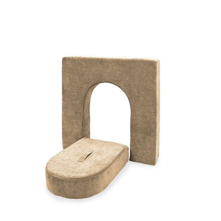 Go Coconut Wall 5" & Door Set in Sand Dune showing the compact lightweight foam wall and door with Durable Micro Velveteen cover for play couch expansion, made in Canada with lifetime warranty