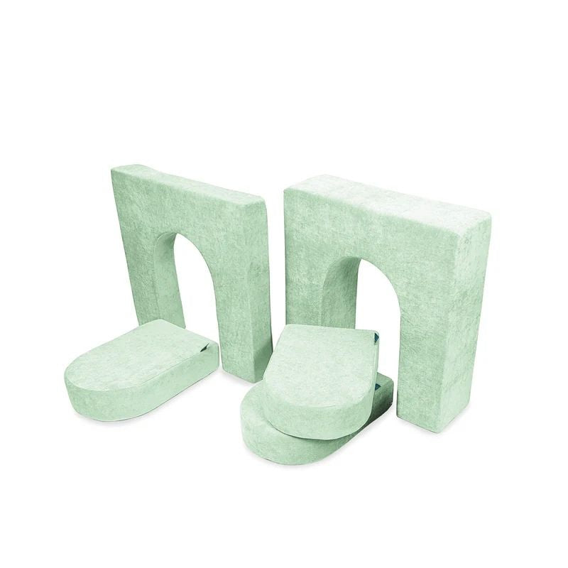 Go Coconut Walls and Doors Bundle in Cool Cucumber showing the CertiPUR foam 5-piece set with 10in thick wall, 5in thin wall, and 3 door modules for modular enclosed play space creation